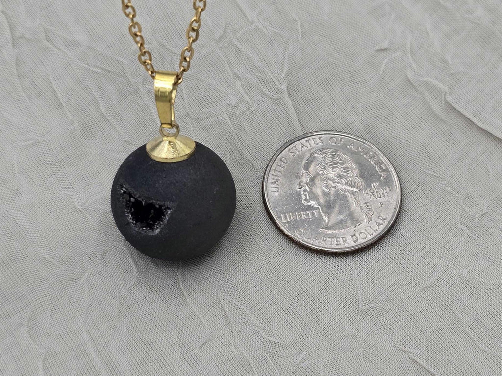 Black Onyx Necklace, Black Geode Druzy Necklace, Agate Diamond Crystal Jewelry, Natural Gemstone Quartz, Gift for Girlfriend Wife, 20" Gold