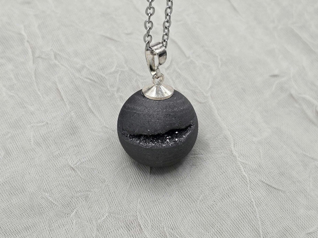 Black Geode Druzy Necklace, Gray Agate Quartz, Diamond Crystal Gemstone, Gift for Girlfriend or Wife, Stainless Steel