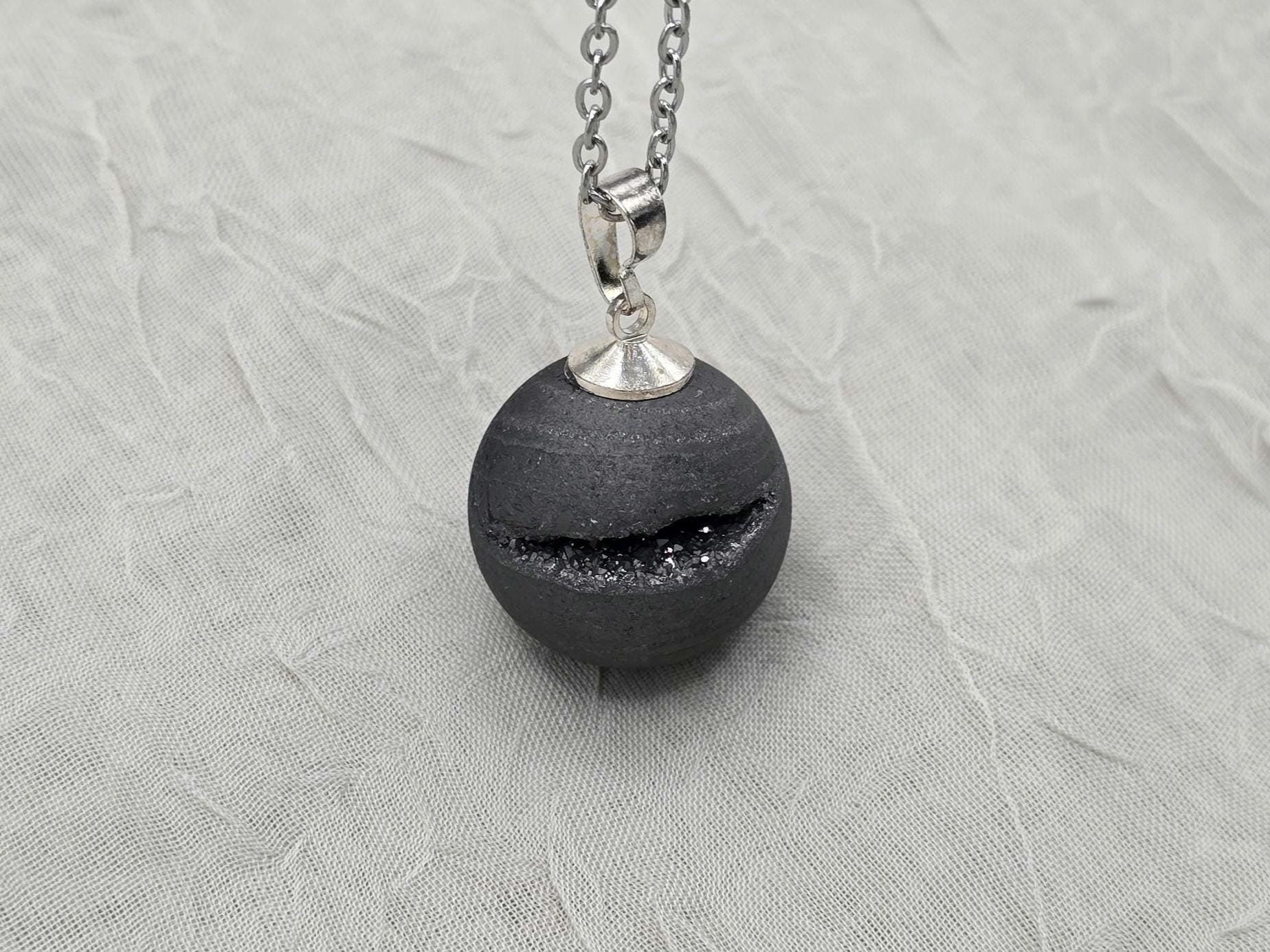Black Geode Druzy Necklace, Gray Agate Quartz, Diamond Crystal Gemstone, Gift for Girlfriend or Wife, Stainless Steel