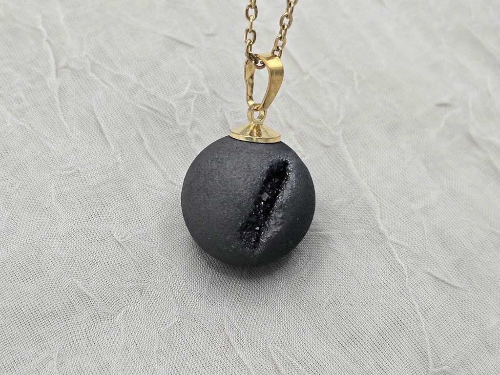 Black Geode Druzy Necklace, Onyx Agate Diamond Crystal, Natural Gemstone Quartz, Gift for Wife or Girlfriend