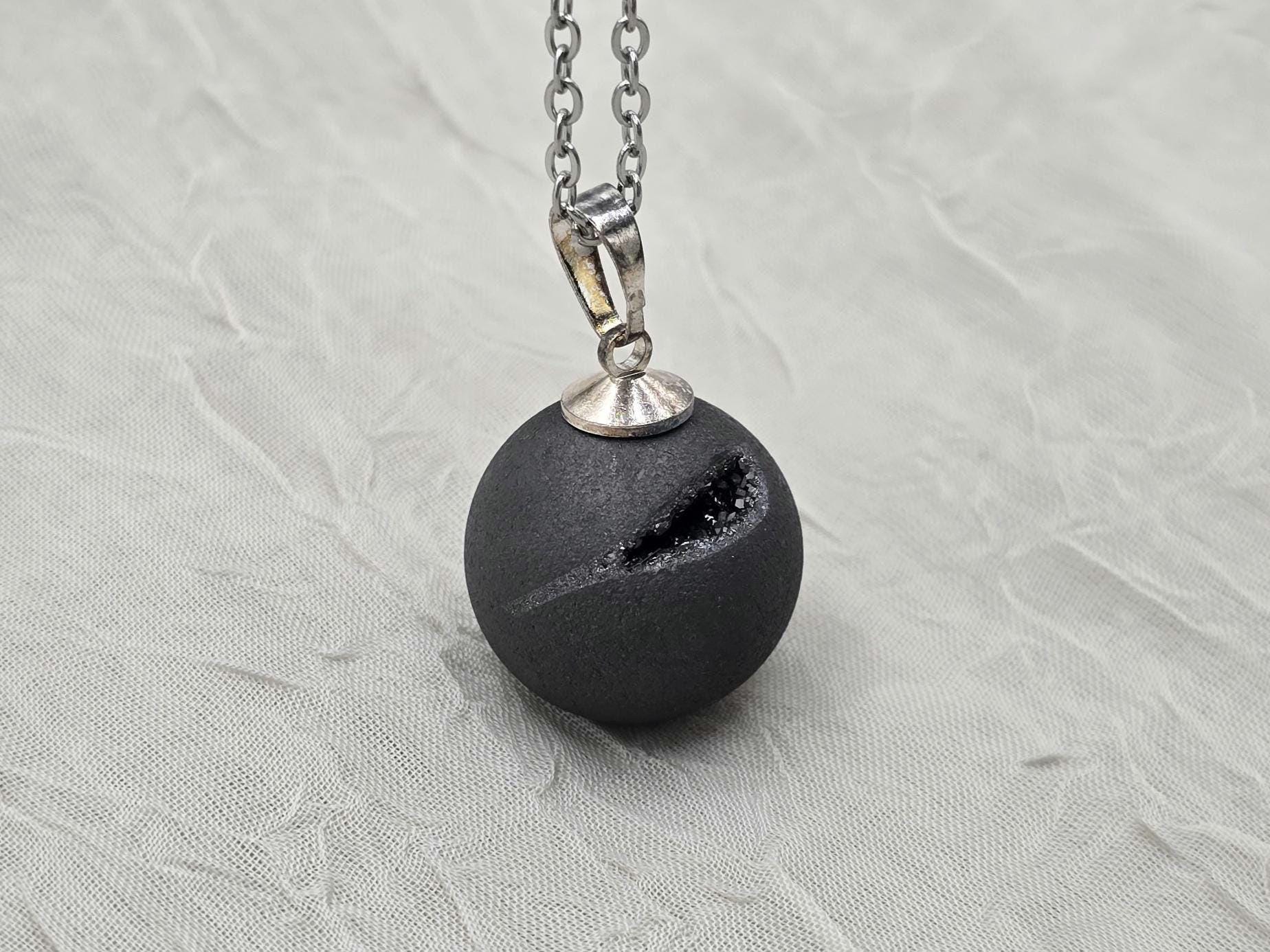 Black Geode Druzy Necklace, Gray Agate Jewelry, Diamond Crystal Gemstone, Quartz Gift for Girlfriend or Wife, 18" Stainless Steel