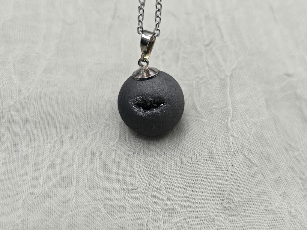 Black Geode Druzy Necklace, Gray Agate Jewelry, Black Diamond Crystal, Gemstone Quartz, Gift for Girlfriend or Wife, 18" Stainless Steel