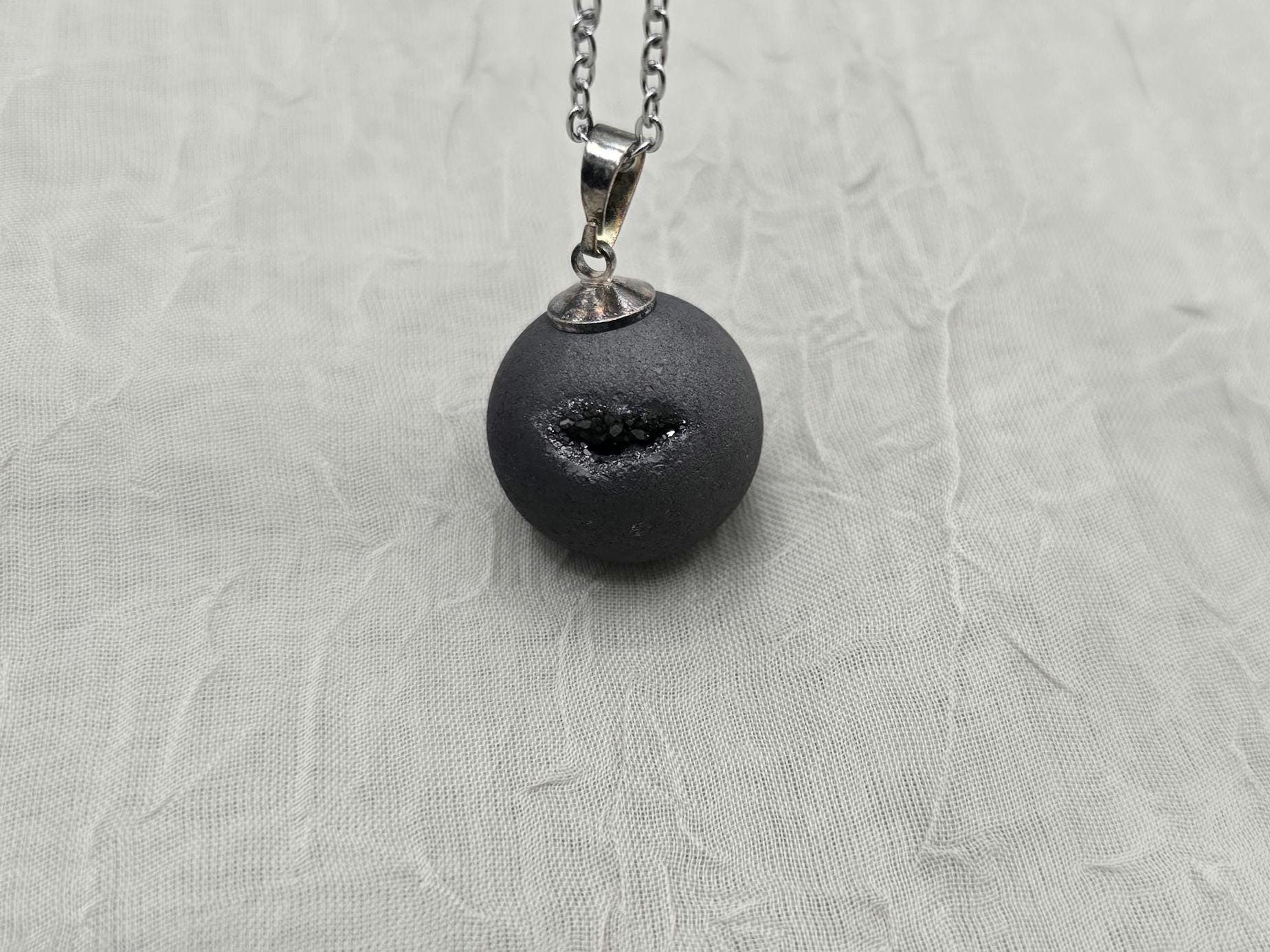 Black Geode Druzy Necklace, Gray Agate Jewelry, Black Diamond Crystal, Gemstone Quartz, Gift for Girlfriend or Wife, 18" Stainless Steel