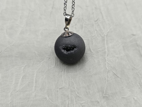 Black Geode Druzy Necklace, Gray Agate Jewelry, Black Diamond Crystal, Gemstone Quartz, Gift for Girlfriend or Wife, 18" Stainless Steel