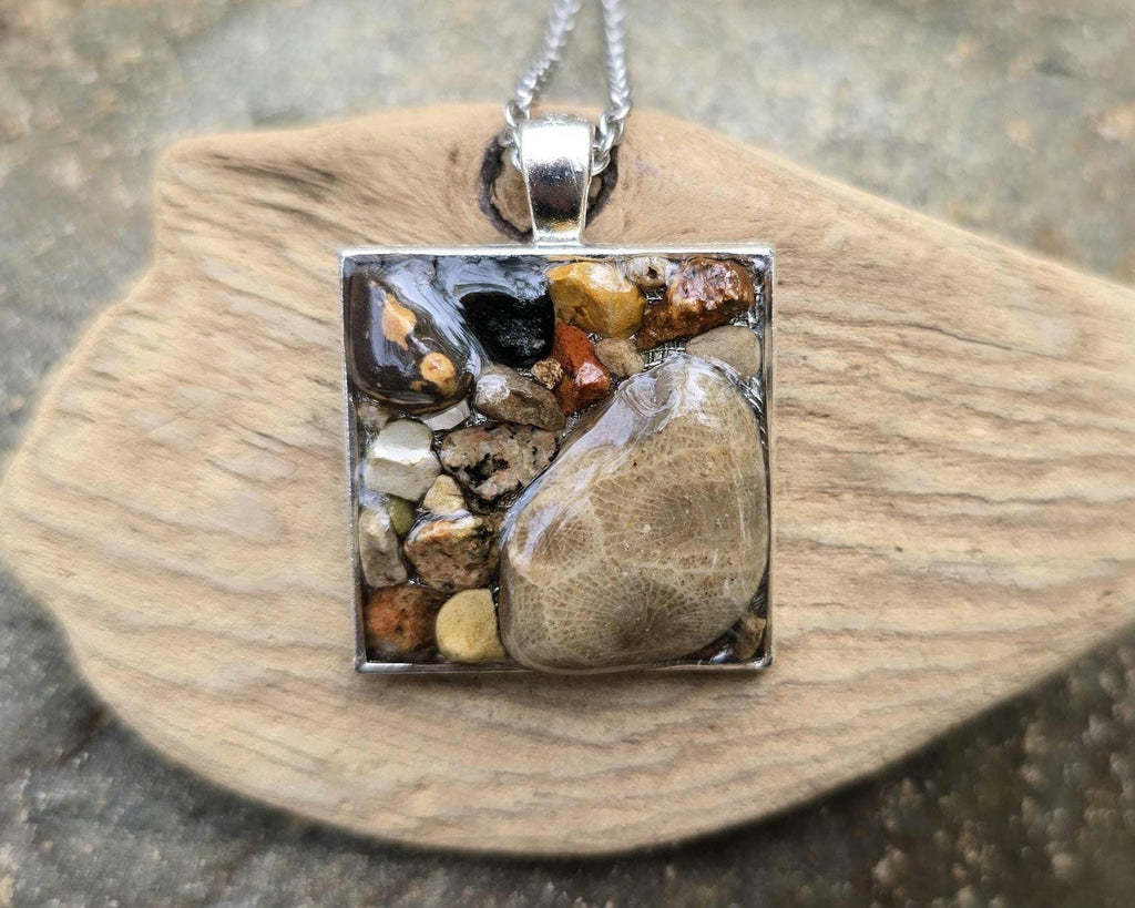 Petoskey Stone Large Square Necklace with Rocks from Lake Michigan & Lake Superior