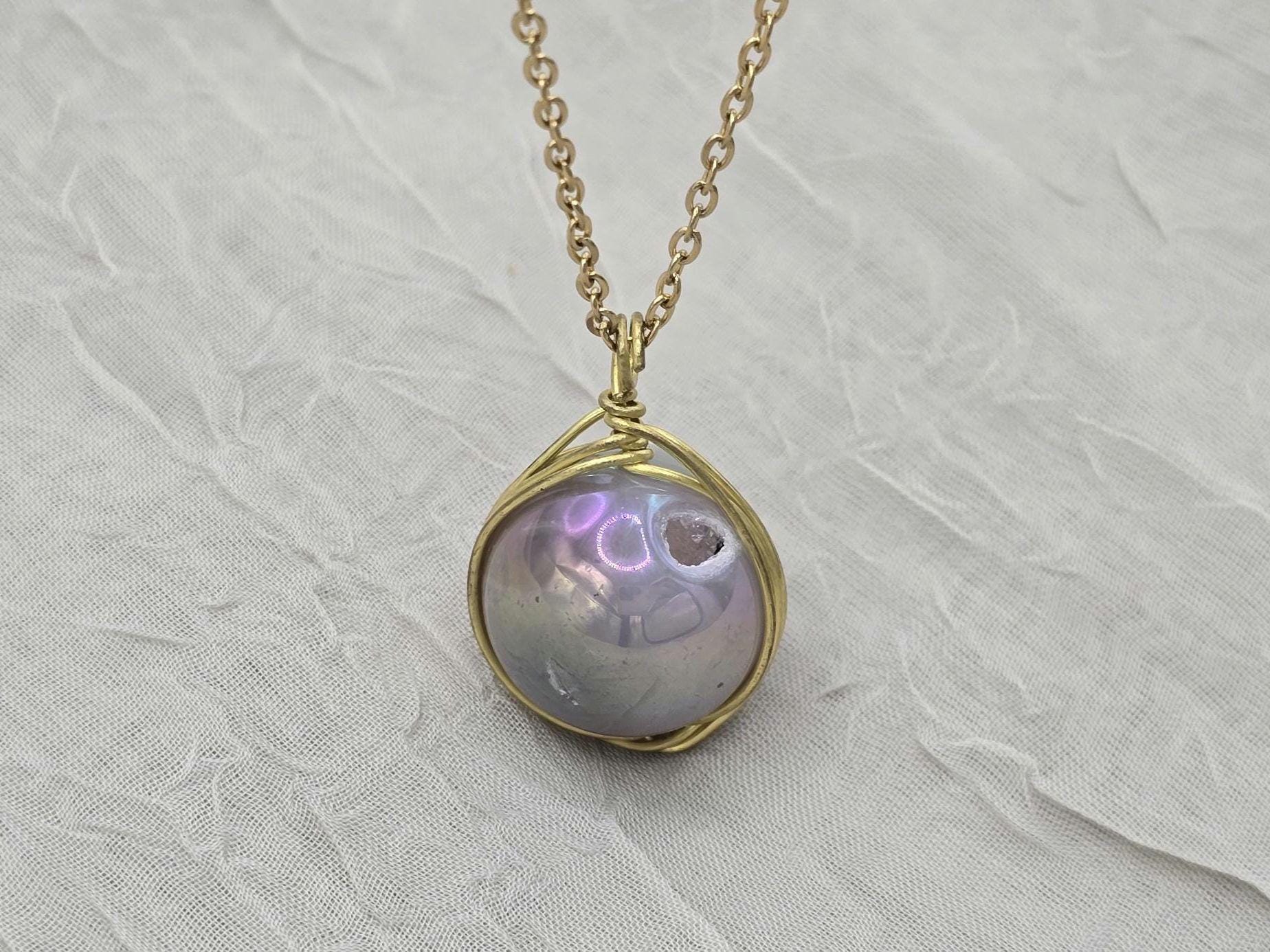 Pearl Necklace Geode Necklace Druzy Necklace Agate Diamond Crystal Natural Gemstone Quartz Gift for Women Girlfriend Wife Stone 20" Gold