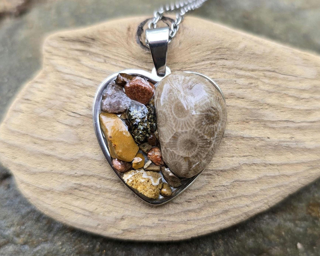 Petoskey Stone Heart Necklace, Rocks from Lake Michigan & Lake Superior