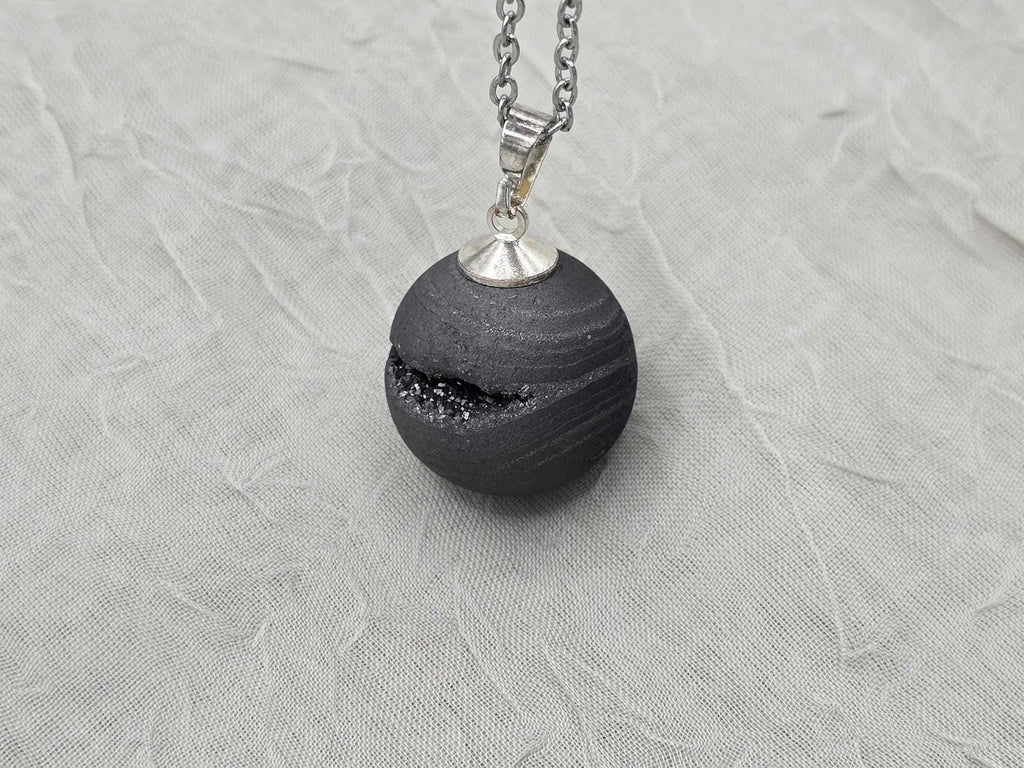 Black Geode Druzy Necklace, Gray Agate Quartz, Diamond Crystal Gemstone, Gift for Girlfriend or Wife, Stainless Steel