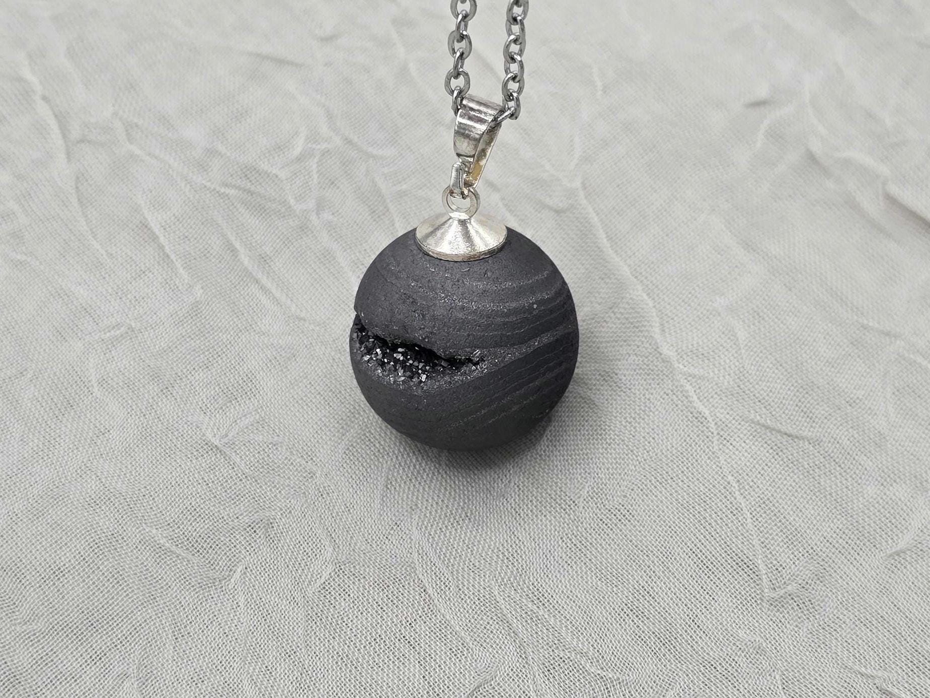 Black Geode Druzy Necklace, Gray Agate Quartz, Diamond Crystal Gemstone, Gift for Girlfriend or Wife, Stainless Steel