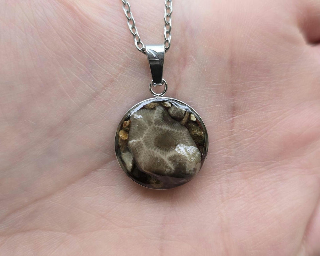 Petoskey Stone Circle Charm Necklace with Rocks from the Great Lakes