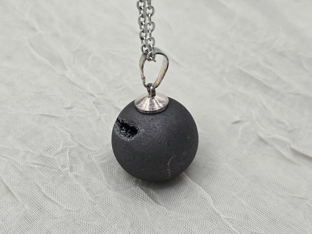 Black Geode Druzy Necklace, Gray Agate Jewelry, Diamond Crystal Gemstone, Quartz Gift for Girlfriend or Wife, 18" Stainless Steel