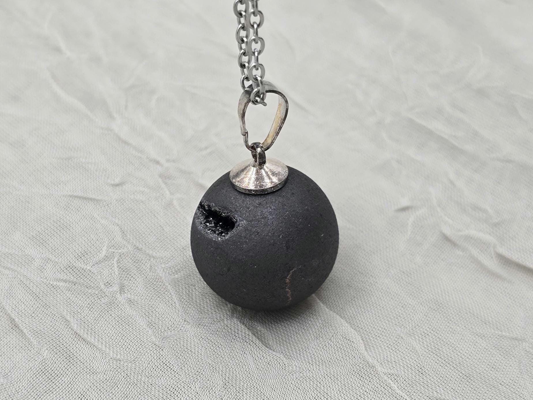 Black Geode Druzy Necklace, Gray Agate Jewelry, Diamond Crystal Gemstone, Quartz Gift for Girlfriend or Wife, 18" Stainless Steel