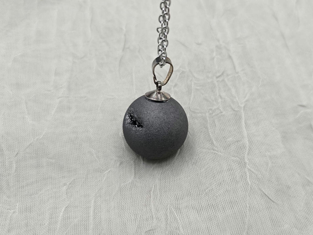 Black Geode Druzy Necklace, Gray Agate Jewelry, Black Diamond Crystal, Gemstone Quartz, Gift for Girlfriend or Wife, 18" Stainless Steel