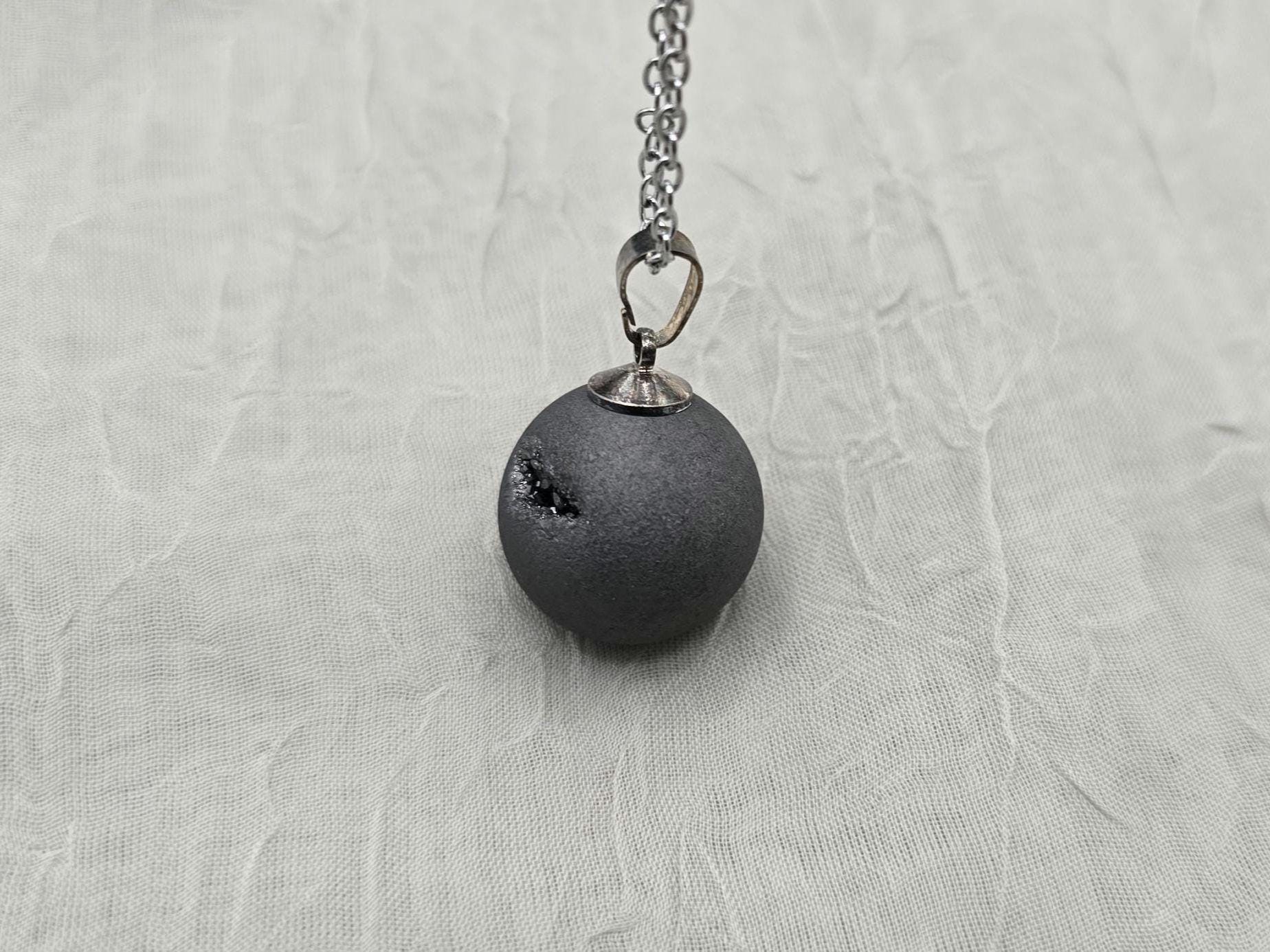 Black Geode Druzy Necklace, Gray Agate Jewelry, Black Diamond Crystal, Gemstone Quartz, Gift for Girlfriend or Wife, 18" Stainless Steel