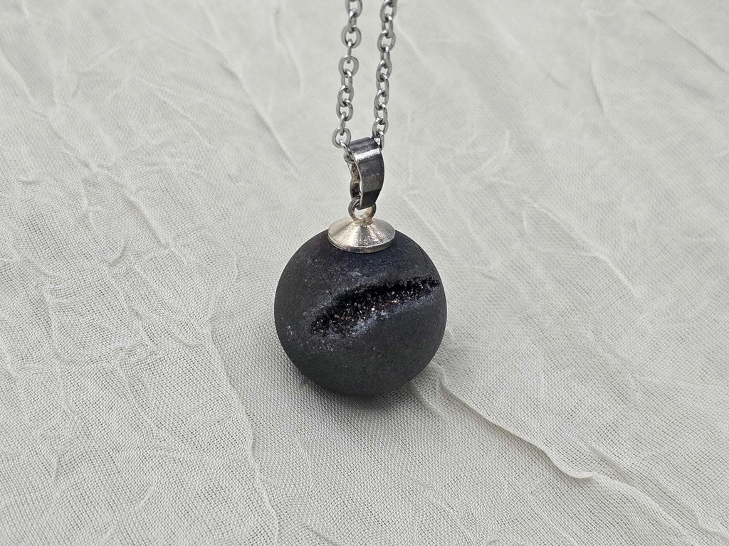 Black Druzy Geode Necklace, Gray Agate Jewelry, Black Diamond Crystal Quartz, Gift for Girlfriend or Wife, Stainless Steel