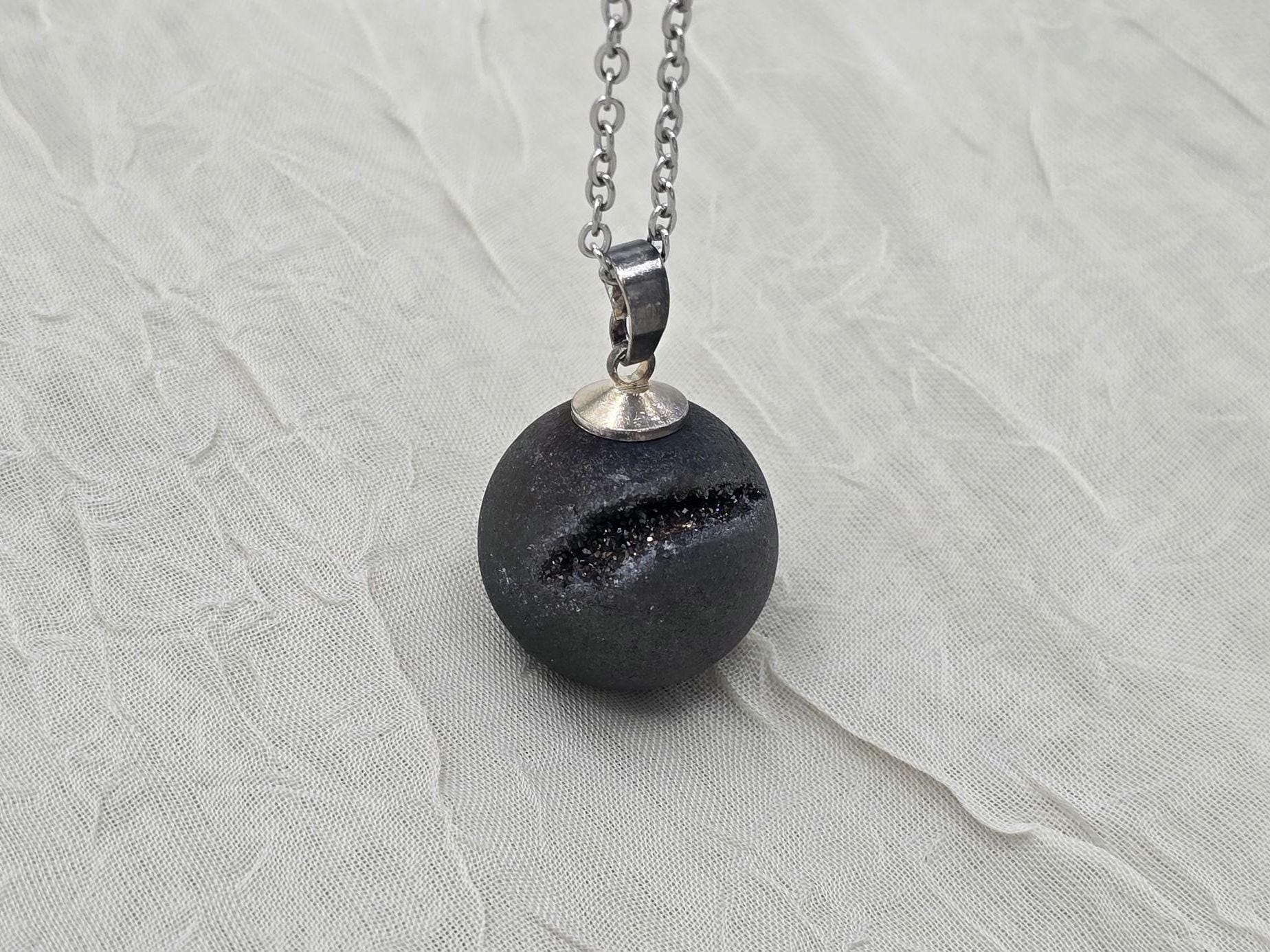 Black Druzy Geode Necklace, Gray Agate Jewelry, Black Diamond Crystal Quartz, Gift for Girlfriend or Wife, Stainless Steel