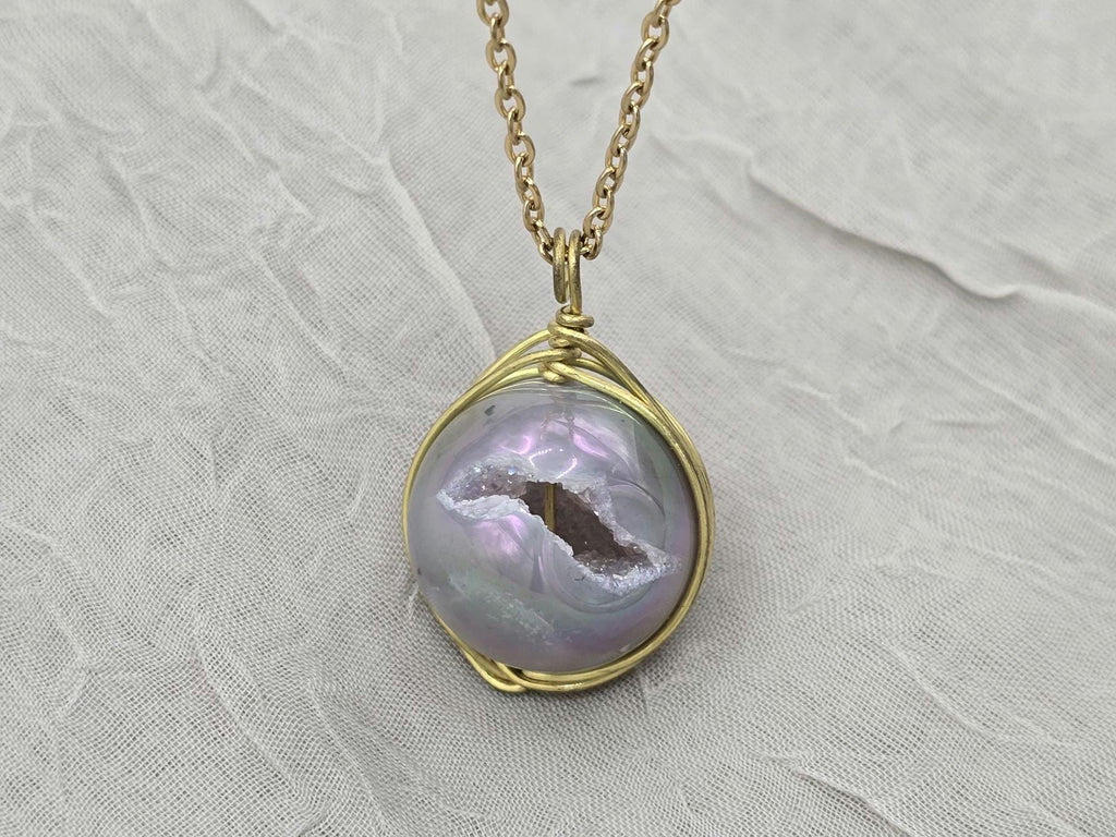 Pearl Necklace Geode Necklace Druzy Necklace Agate Diamond Crystal Natural Gemstone Quartz Gift for Women Girlfriend Wife Stone 20" Gold