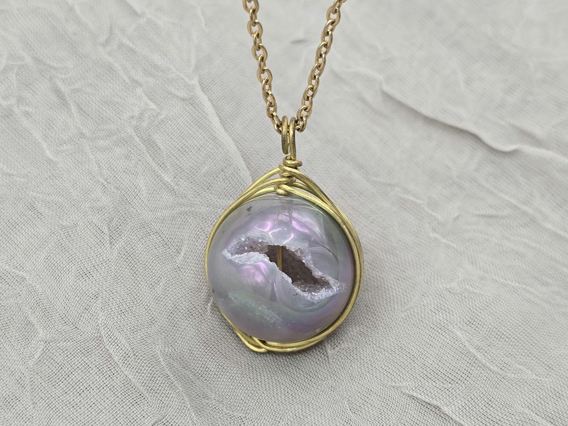 Pearl Necklace Geode Necklace Druzy Necklace Agate Diamond Crystal Natural Gemstone Quartz Gift for Women Girlfriend Wife Stone 20" Gold