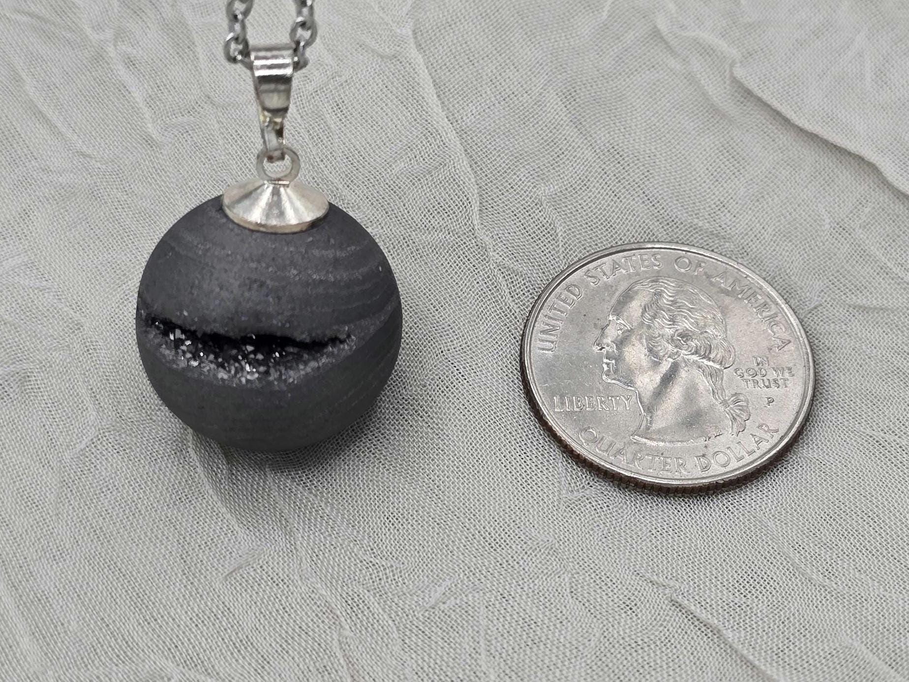 Black Geode Druzy Necklace, Gray Agate Quartz, Diamond Crystal Gemstone, Gift for Girlfriend or Wife, Stainless Steel