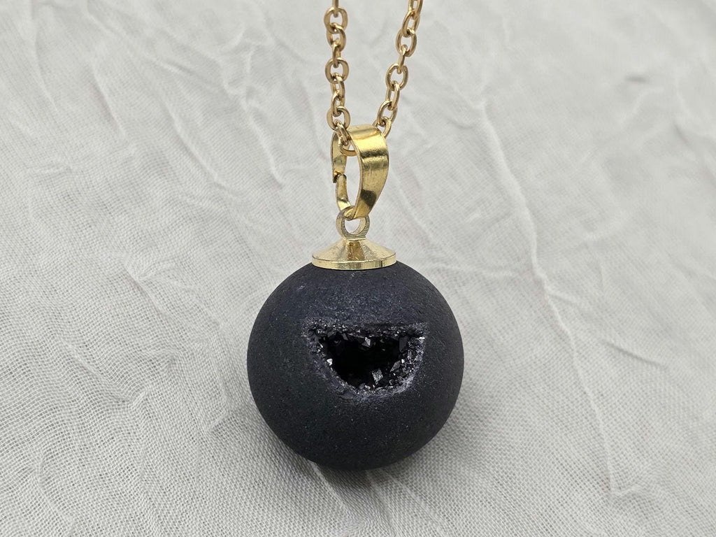 Black Onyx Necklace, Black Geode Druzy Necklace, Agate Diamond Crystal Jewelry, Natural Gemstone Quartz, Gift for Girlfriend Wife, 20" Gold