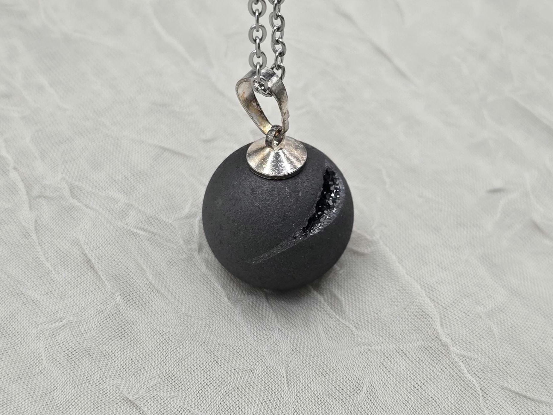 Black Geode Druzy Necklace, Gray Agate Jewelry, Diamond Crystal Gemstone, Quartz Gift for Girlfriend or Wife, 18" Stainless Steel