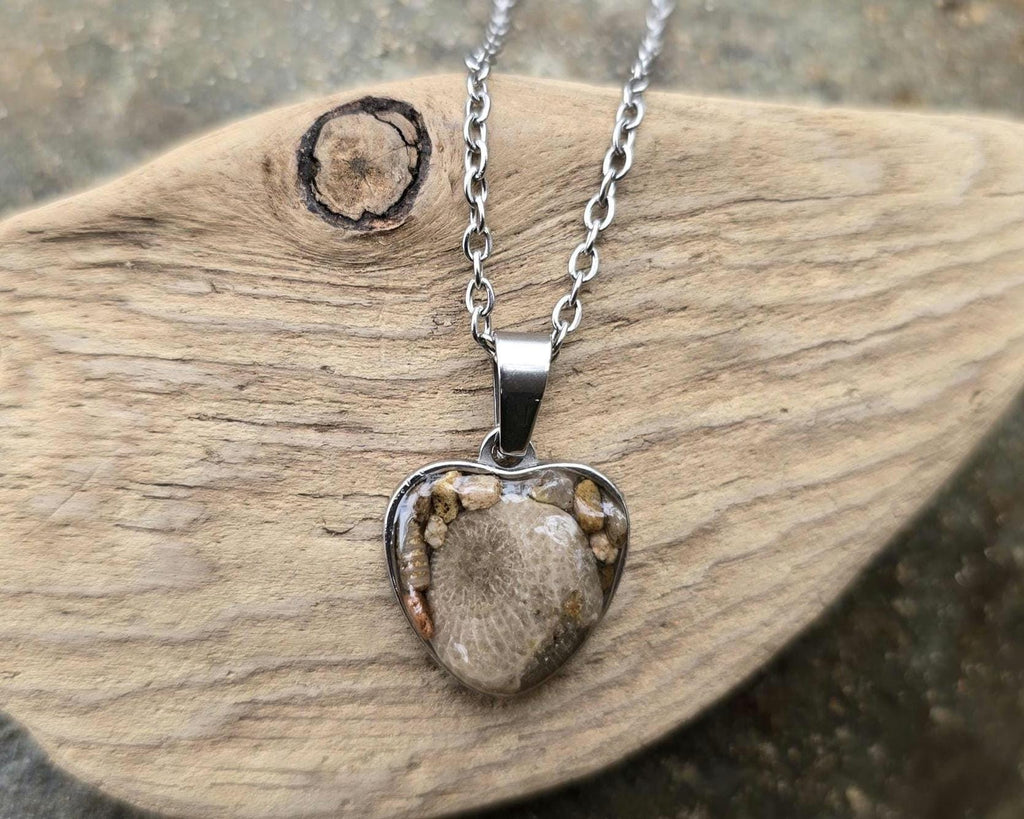 Petoskey Stone Heart Necklace, Rocks from Michigan Great Lakes