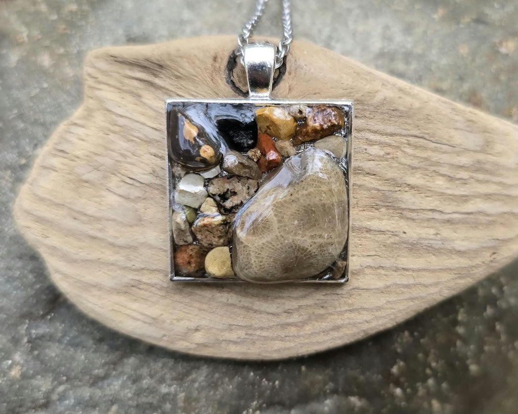 Petoskey Stone Large Square Necklace with Rocks from Lake Michigan & Lake Superior