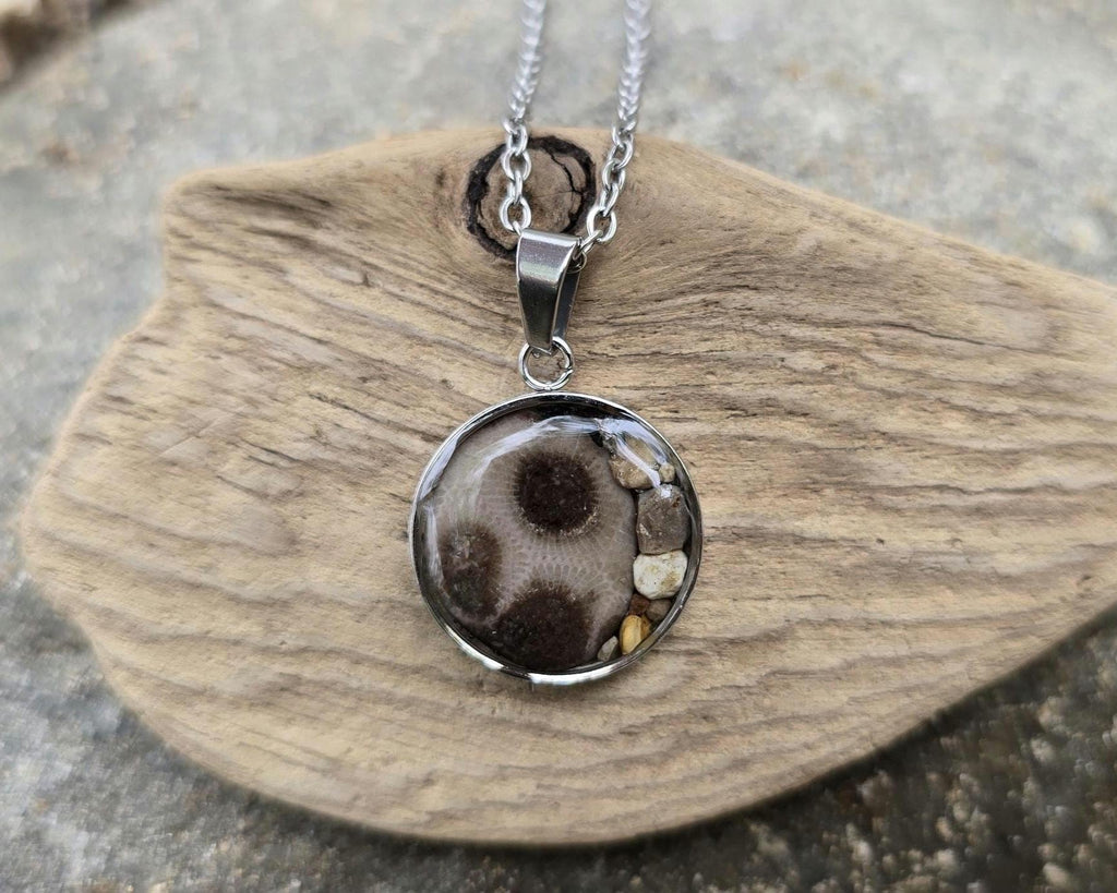 Petoskey Stone Necklace, Great Lakes Rocks, Gift for Rockhunter, Stainless Steel