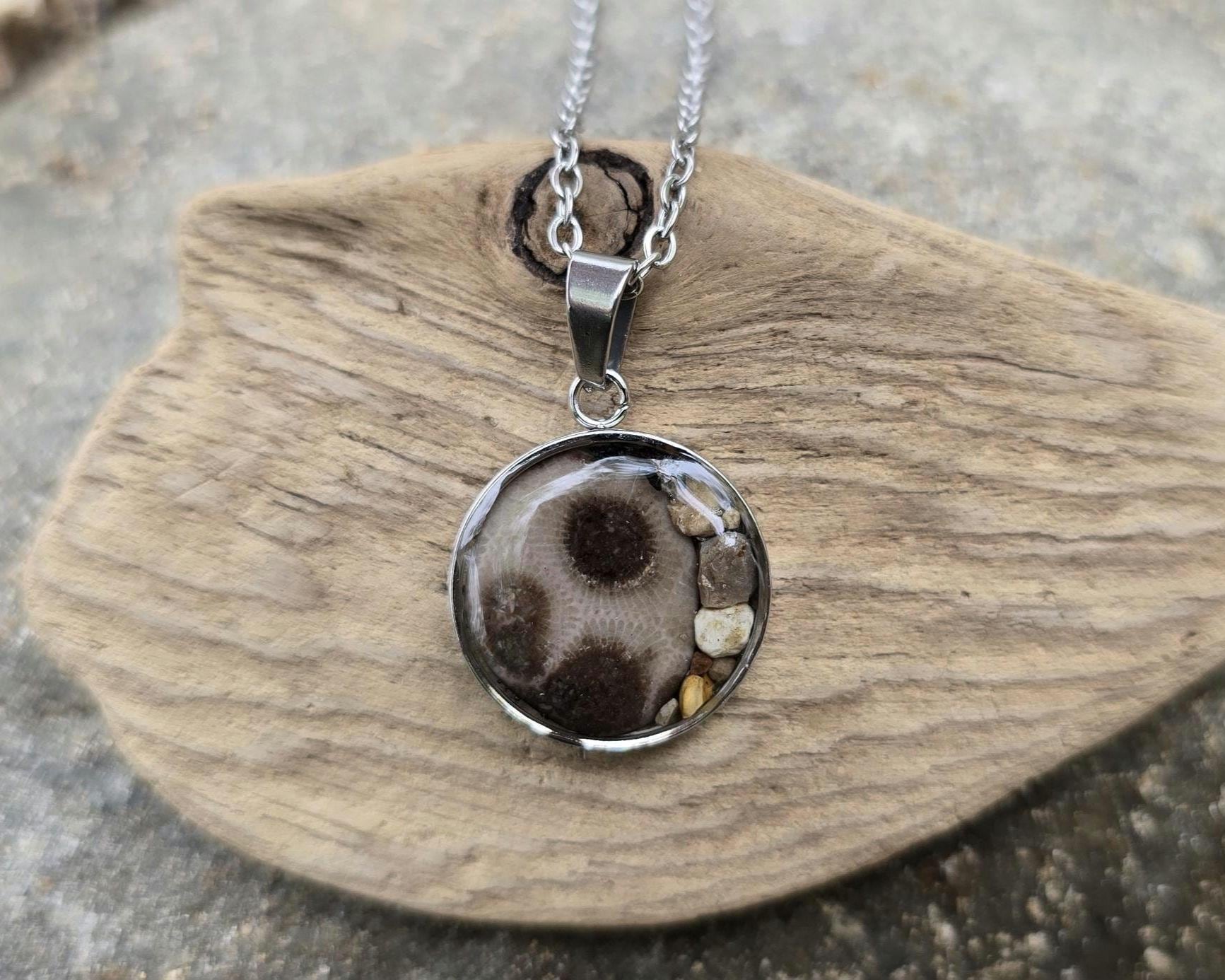 Petoskey Stone Necklace, Great Lakes Rocks, Gift for Rockhunter, Stainless Steel