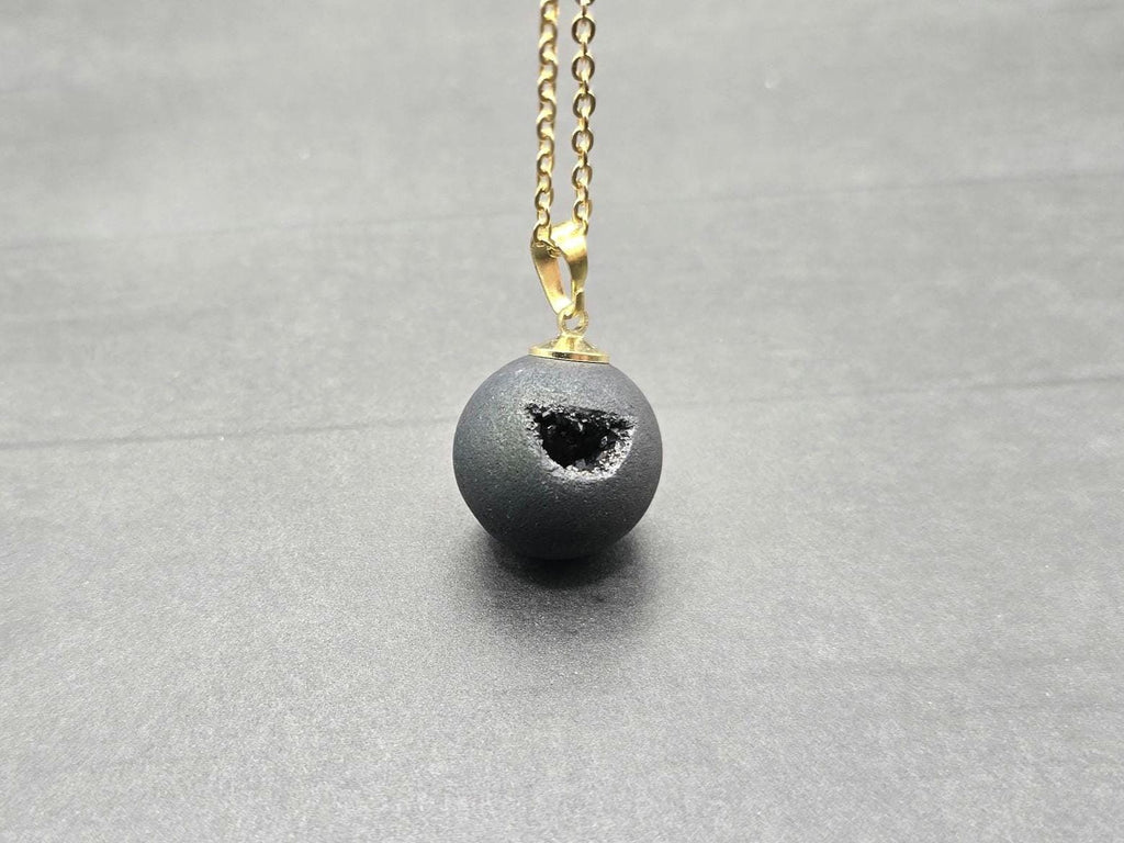 Black Onyx Necklace, Black Geode Druzy Necklace, Agate Diamond Crystal Jewelry, Natural Gemstone Quartz, Gift for Girlfriend Wife, 20" Gold