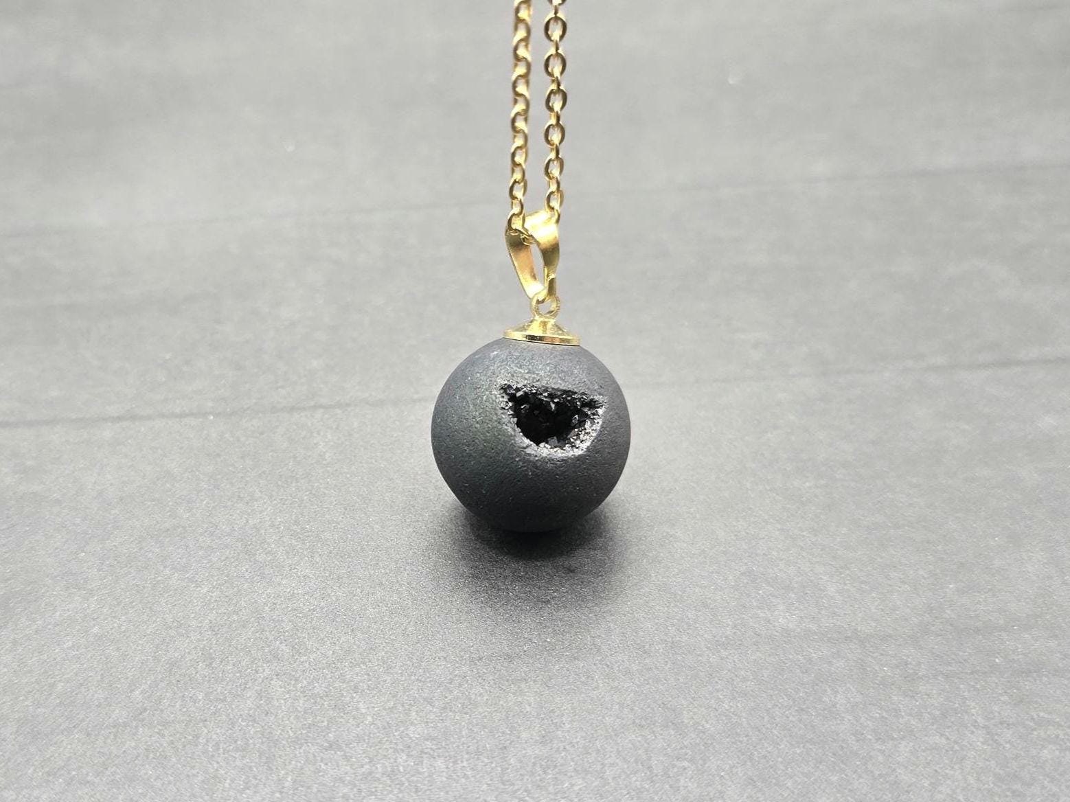 Black Onyx Necklace, Black Geode Druzy Necklace, Agate Diamond Crystal Jewelry, Natural Gemstone Quartz, Gift for Girlfriend Wife, 20" Gold
