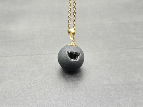 Black Onyx Necklace, Black Geode Druzy Necklace, Agate Diamond Crystal Jewelry, Natural Gemstone Quartz, Gift for Girlfriend Wife, 20" Gold