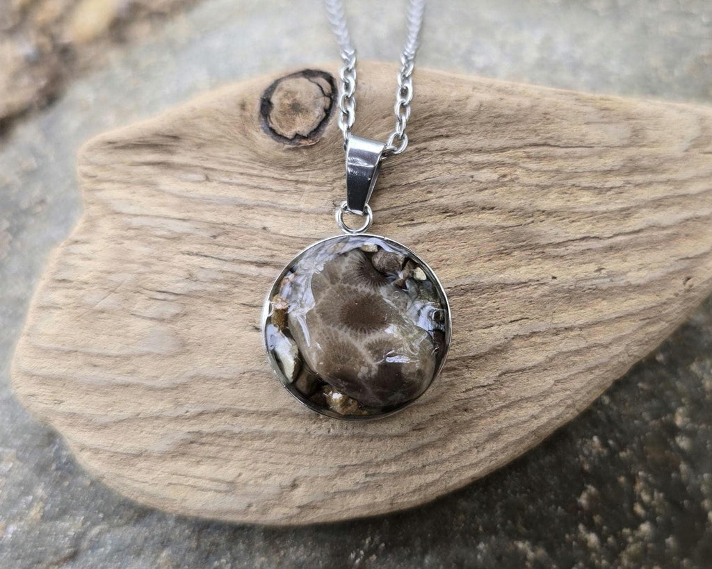 Petoskey Stone Circle Charm Necklace with Rocks from the Great Lakes