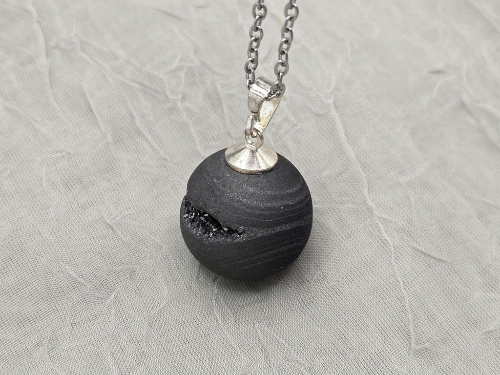 Black Geode Druzy Necklace, Gray Agate Quartz, Diamond Crystal Gemstone, Gift for Girlfriend or Wife, Stainless Steel
