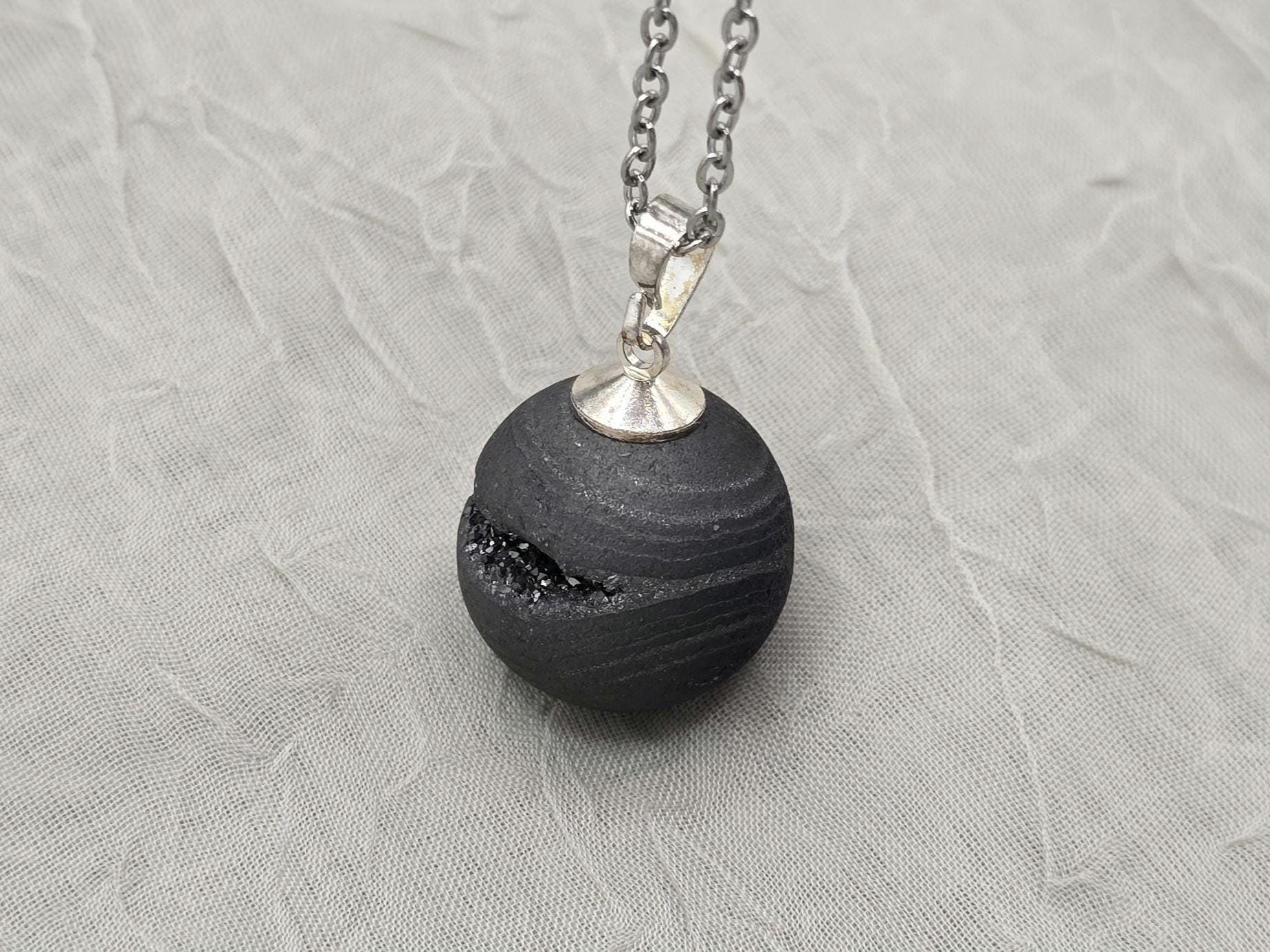 Black Geode Druzy Necklace, Gray Agate Quartz, Diamond Crystal Gemstone, Gift for Girlfriend or Wife, Stainless Steel