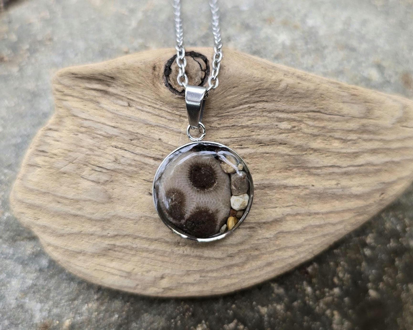 Petoskey Stone Necklace, Great Lakes Rocks, Gift for Rockhunter, Stainless Steel
