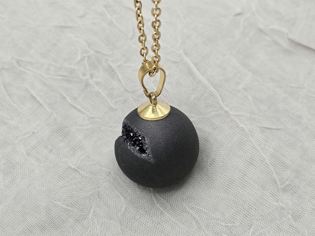 Black Druzy Geode Necklace, Agate Diamond Crystal, Natural Gemstone Quartz, Gift for Girlfriend or Wife, 20" Gold