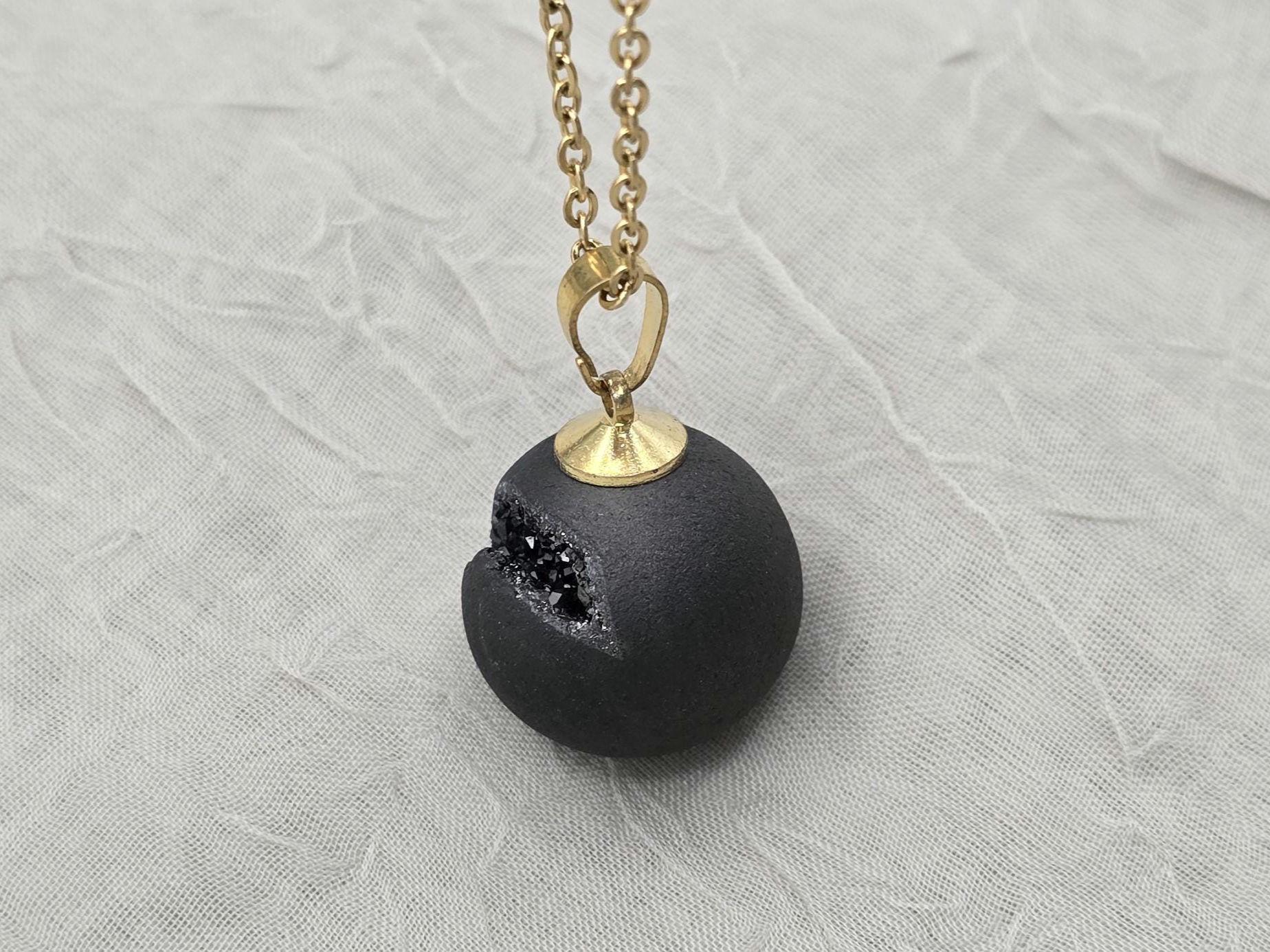 Black Druzy Geode Necklace, Agate Diamond Crystal, Natural Gemstone Quartz, Gift for Girlfriend or Wife, 20" Gold