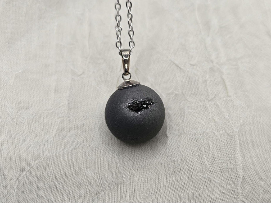Black Geode Druzy Necklace, Gray Agate Jewelry, Black Diamond Crystal, Gemstone Quartz, Gift for Girlfriend or Wife, 18" Stainless Steel