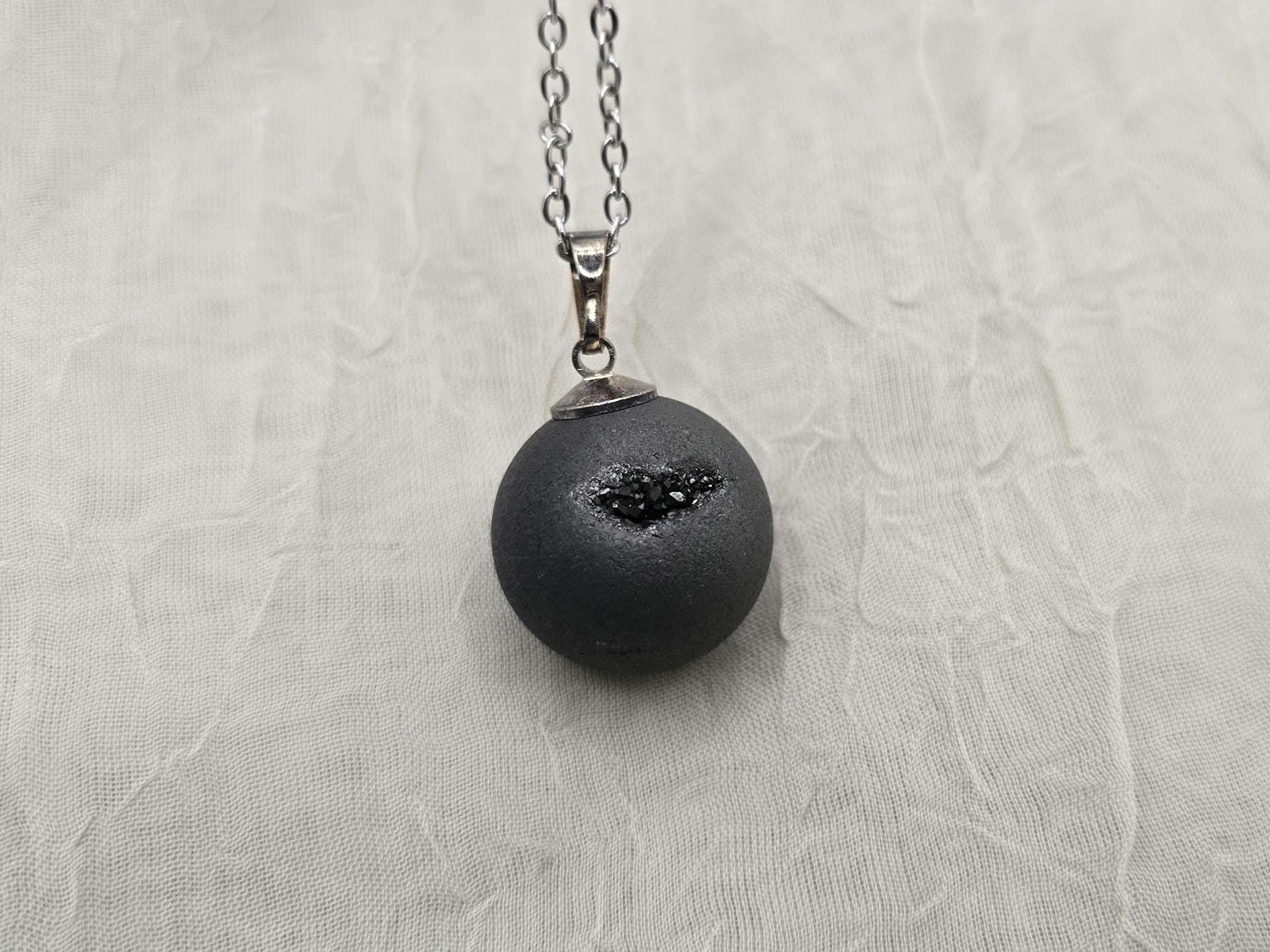 Black Geode Druzy Necklace, Gray Agate Jewelry, Black Diamond Crystal, Gemstone Quartz, Gift for Girlfriend or Wife, 18" Stainless Steel