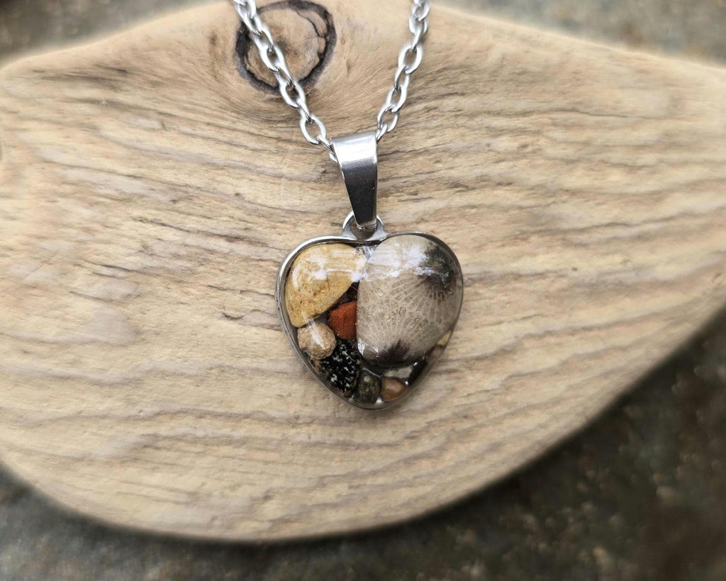 Petoskey Stone Small Heart Fossil Necklace with Rocks from Michigan Great Lakes