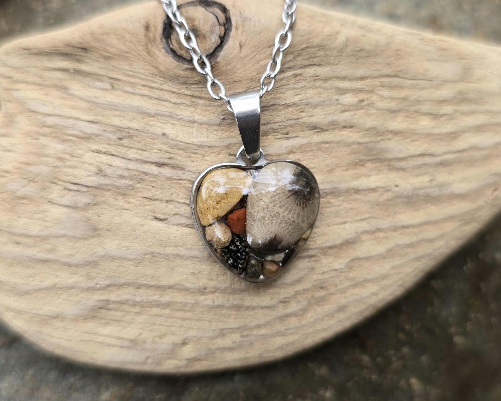 Petoskey Stone Small Heart Fossil Necklace with Rocks from Michigan Great Lakes