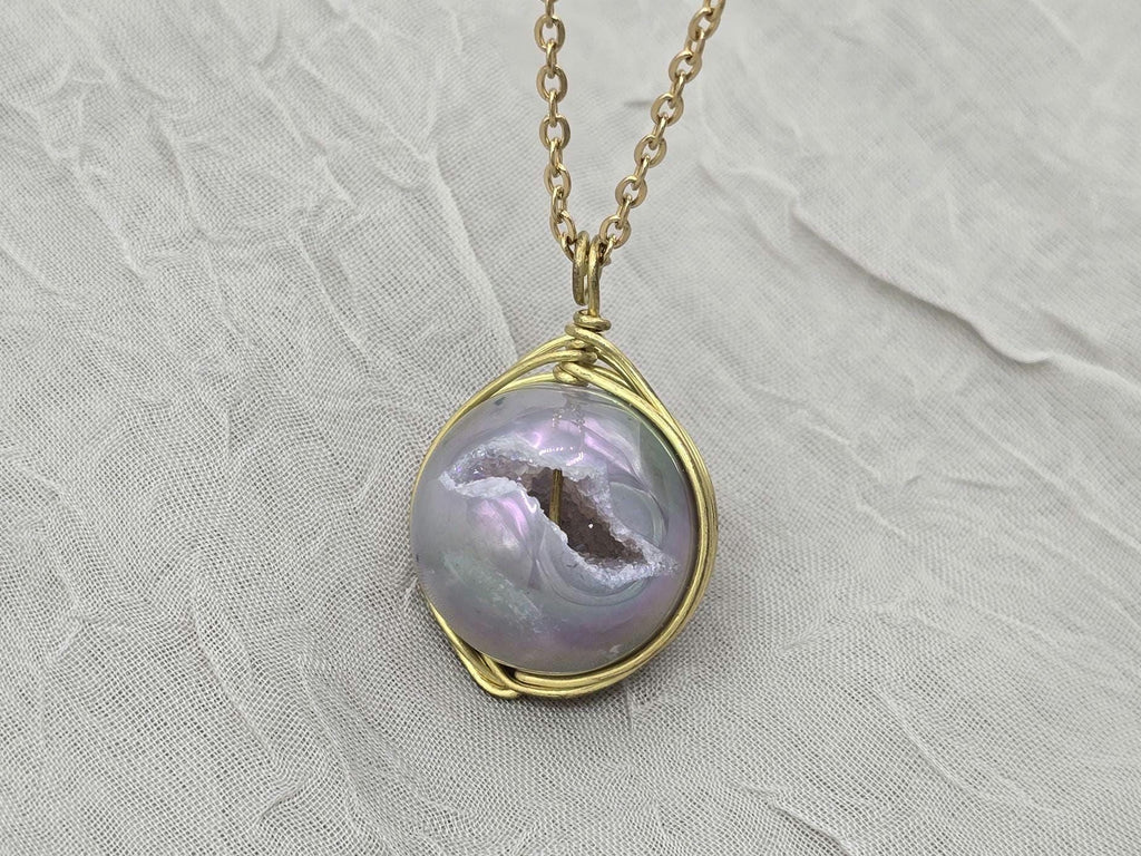 Pearl Necklace Geode Necklace Druzy Necklace Agate Diamond Crystal Natural Gemstone Quartz Gift for Women Girlfriend Wife Stone 20" Gold