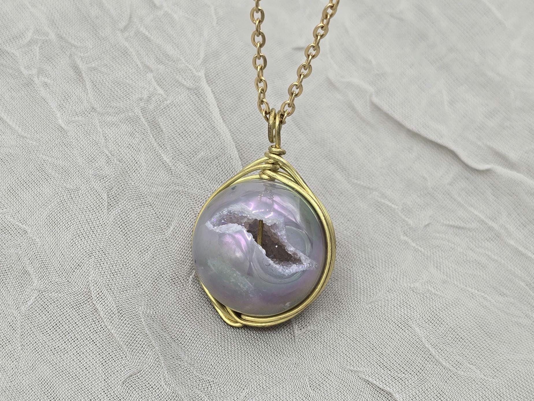 Pearl Necklace Geode Necklace Druzy Necklace Agate Diamond Crystal Natural Gemstone Quartz Gift for Women Girlfriend Wife Stone 20" Gold
