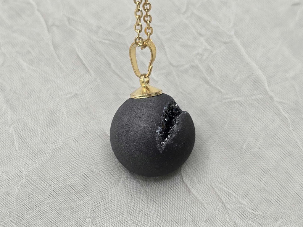 Black Druzy Geode Necklace, Agate Diamond Crystal, Natural Gemstone Quartz, Gift for Girlfriend or Wife, 20" Gold