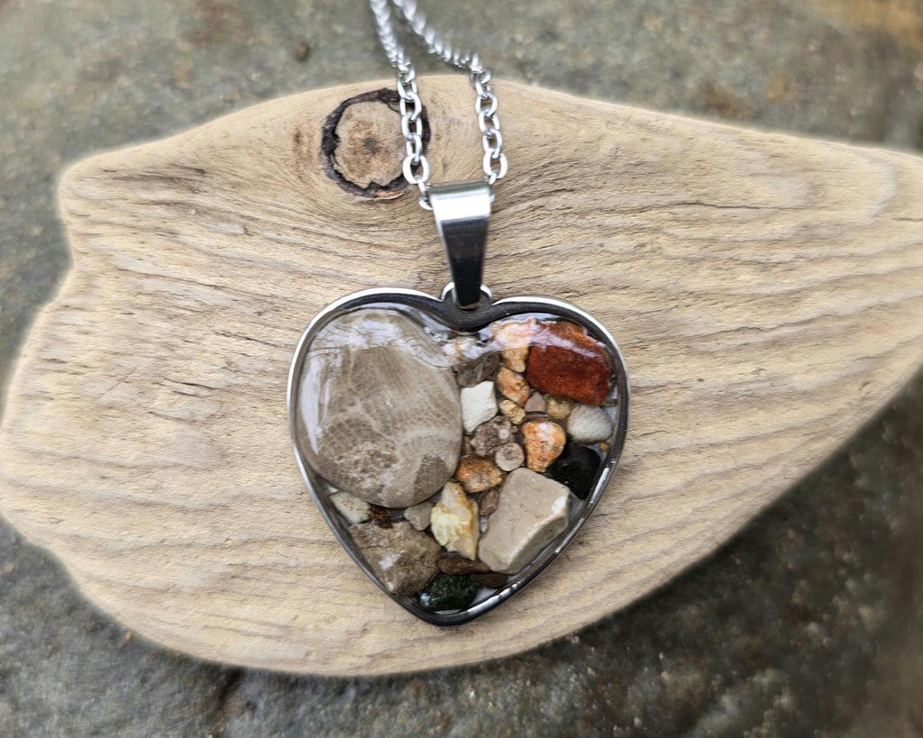 Petoskey Stone Heart Necklace, Rocks from Lake Michigan & Lake Superior
