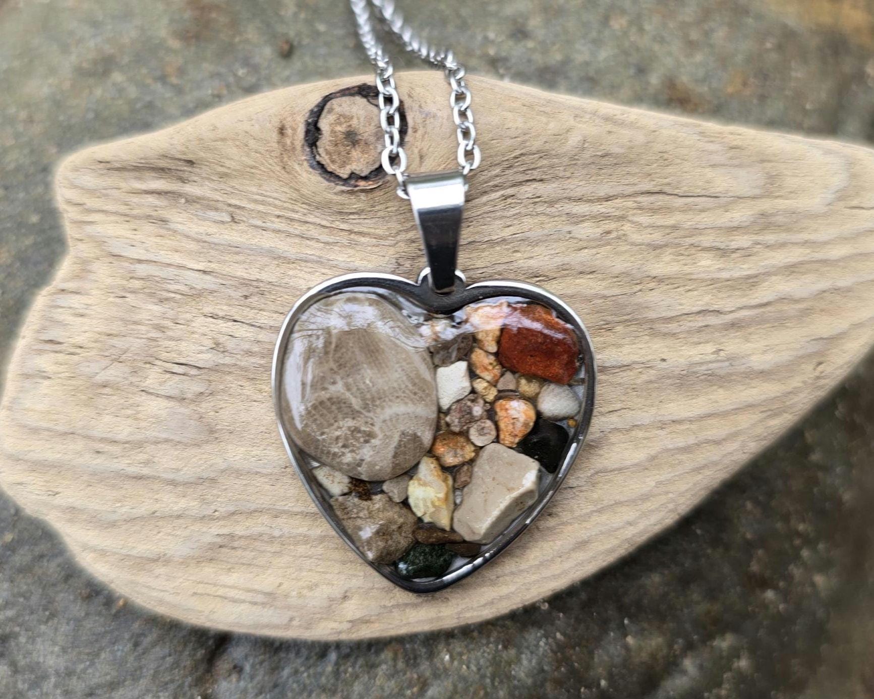 Petoskey Stone Heart Necklace, Rocks from Lake Michigan & Lake Superior
