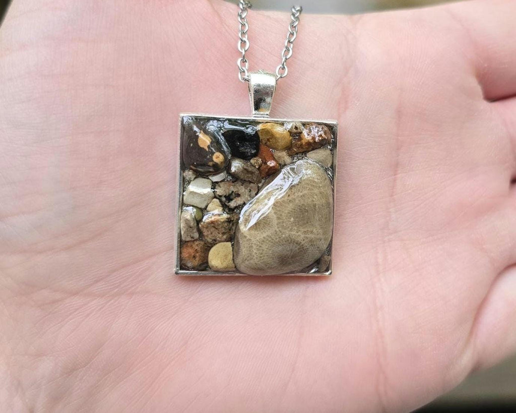 Petoskey Stone Large Square Necklace with Rocks from Lake Michigan & Lake Superior