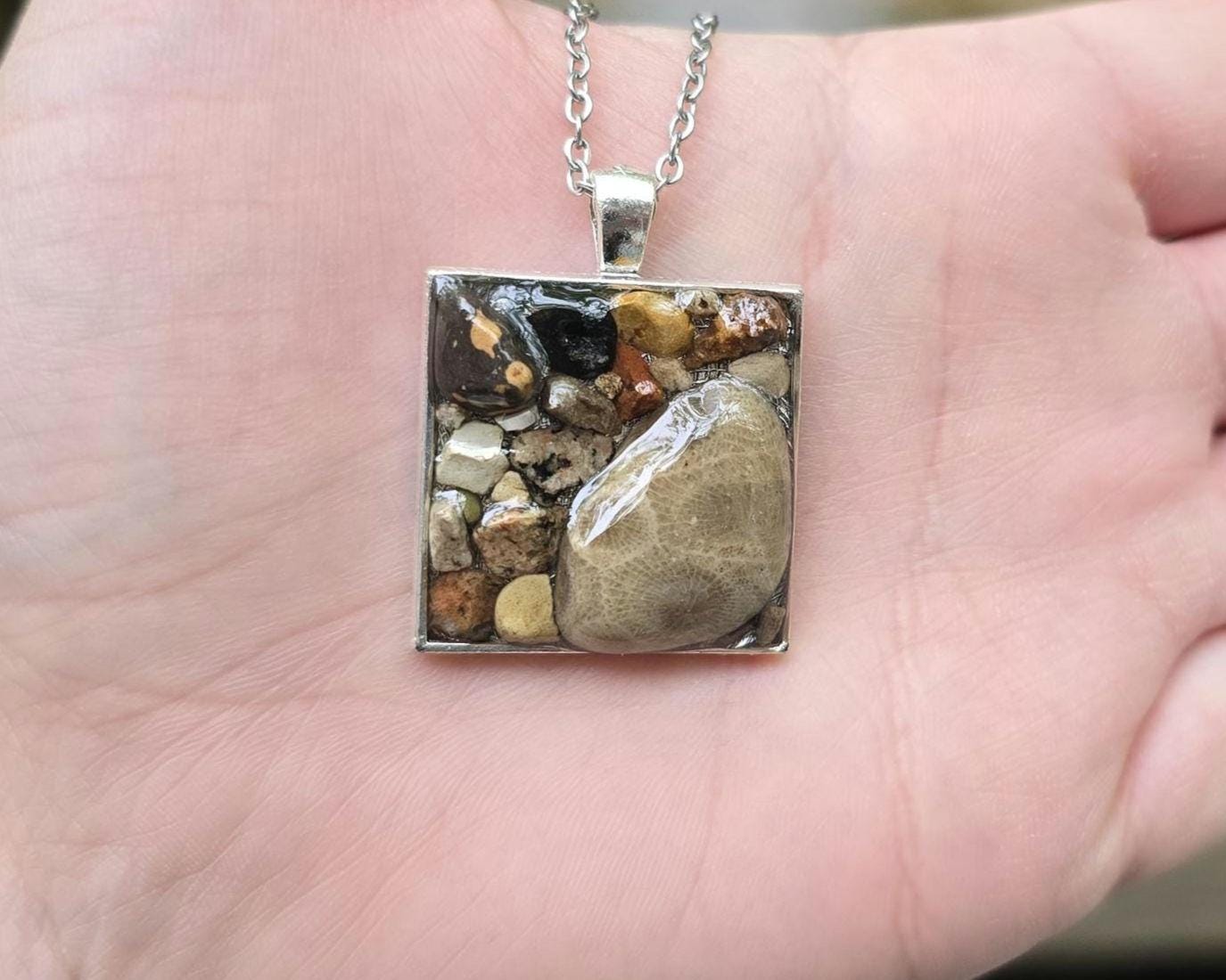 Petoskey Stone Large Square Necklace with Rocks from Lake Michigan & Lake Superior