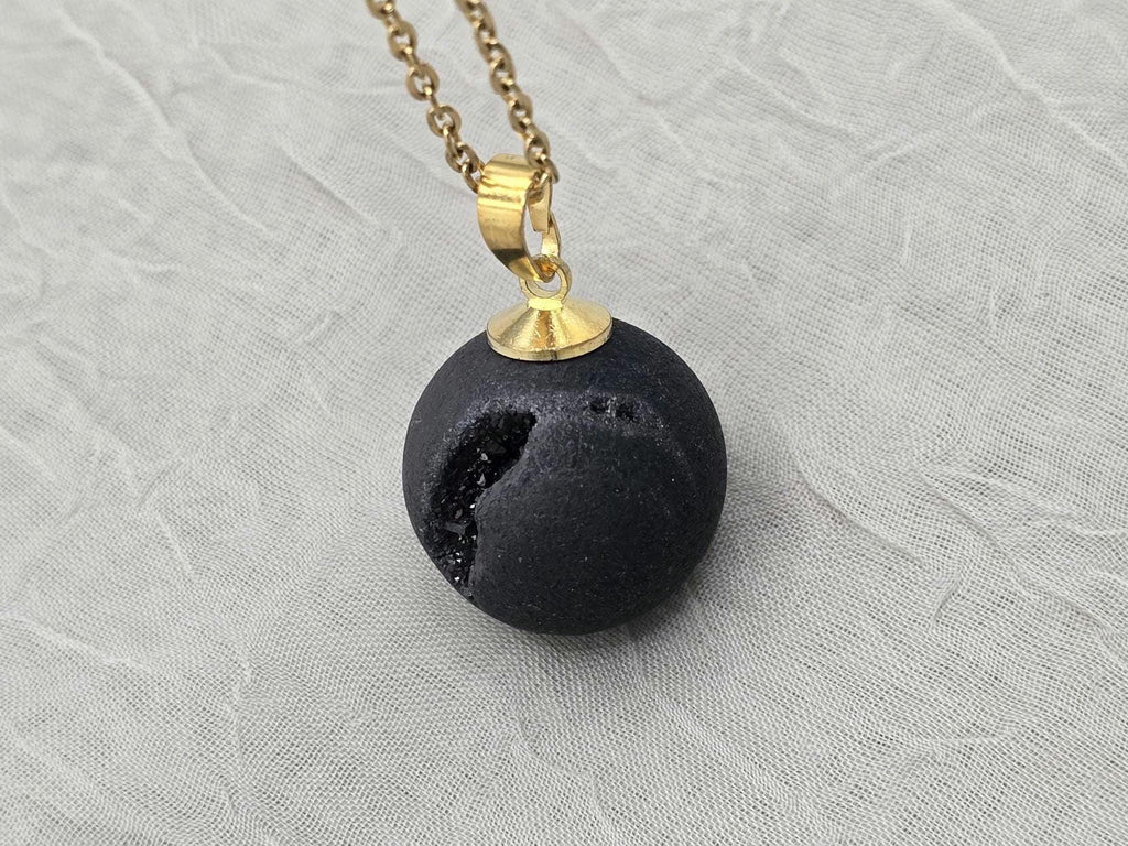 Black Geode Druzy Necklace, Onyx Agate Diamond Crystal, Natural Gemstone Quartz, Gift for Wife or Girlfriend